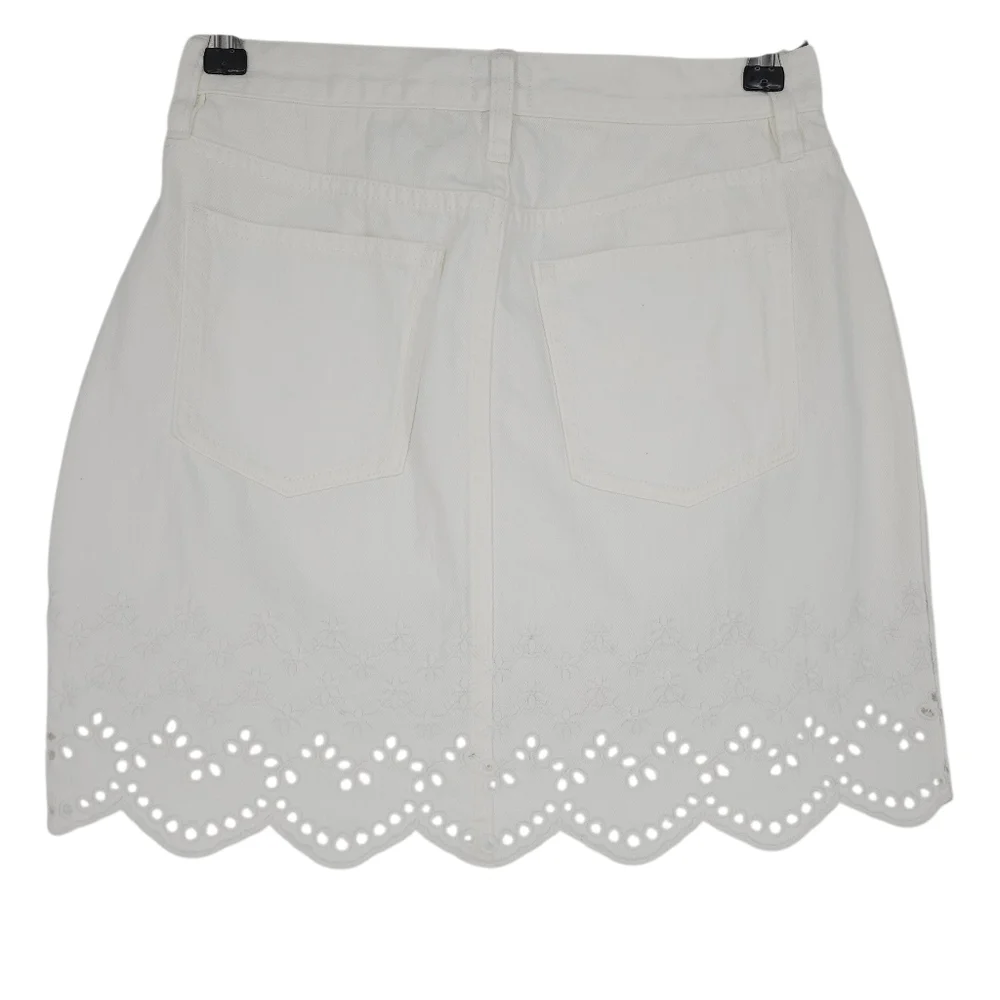 J.CREW Denim Straight Mini Skirt White Floral Embroidered Heart Scalloped Hem 25